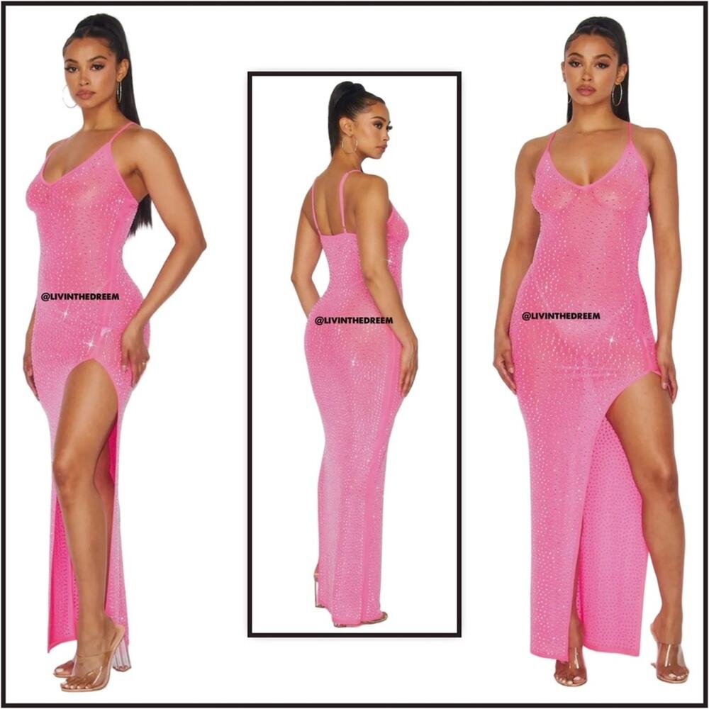 Hot & Delicious Unbothered Sheer Mesh Rhinestone Maxi Cover Up Dress SZ L $79